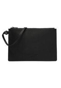 Porte-monnaie en cuir noir avec fermeture éclair et bandoulière amovible, marqué "Liebeskind Berlin" embossé à l'avant.