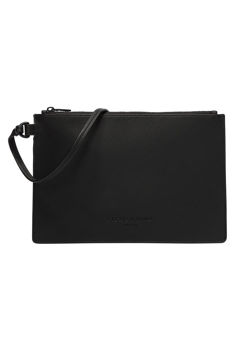 Porte-monnaie en cuir noir avec fermeture éclair et bandoulière amovible, marqué "Liebeskind Berlin" embossé à l'avant.