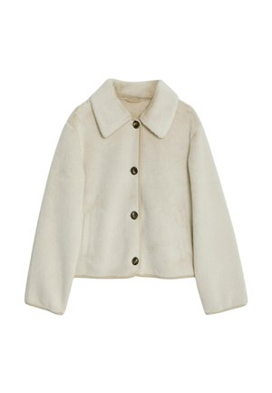 Krämfärgad faux fur-jacka med krage, frontknäppning och sidofickor; har en kort design och mjuk textur.