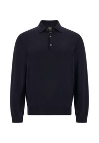 Jūras zila pulovera džemperis ar garām piedurknēm, apkakles kaklu un trīs pogu aizdari; izgatavots no mīkstas, teksturētas auduma.