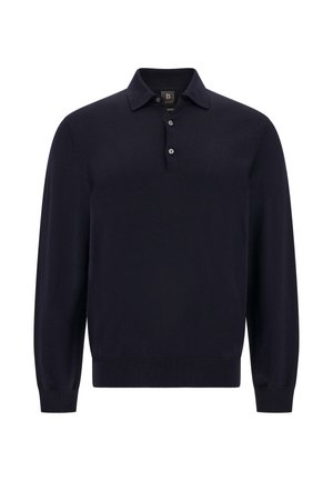 Marineblauer Pullover mit langen Ärmeln, Kragen und einer dreiknöpfigen Blende; aus weichem, strukturiertem Material gefertigt.