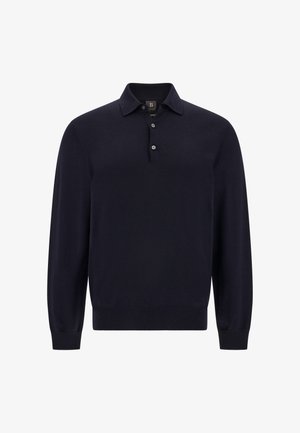 Námornícky modrý pulóver s dlhými rukávmi, golierom a zapínaním na tri gombíky; vyrobený z mäkkej, textúrovanej tkaniny.