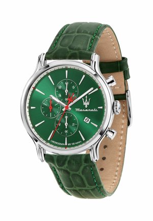 Orologio da polso cronografo argento con quadrante verde e cinturino in pelle verde testurizzata, che mostra tre quadranti secondari e una finestra della data alle quattro.