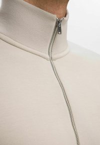 Sweat-shirt beige à fermeture éclair avec un col haut, fabriqué en tissu doux. Dispose d'une fermeture éclair argentée et d'une texture lisse, conçue pour une coupe ajustée.
