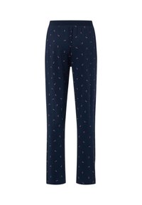 Granatowe spodnie od piżamy wykonane z miękkiego materiału, z wzorem małych różowych i białych krzywych, elastyczną talią i prostym krojem.