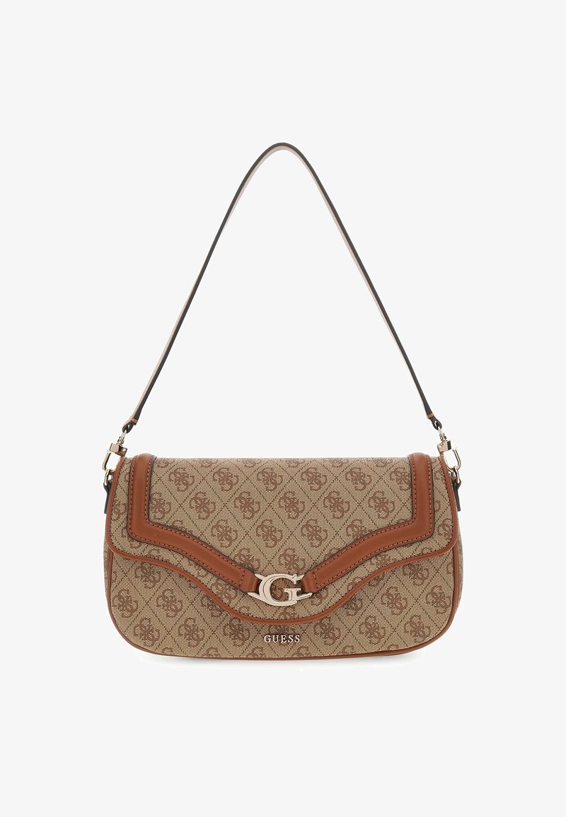 Sac d'épaule marron à motif avec garniture en cuir, fermoir logo "G" en argent, bandoulière réglable, marqué "GUESS" à l'avant.