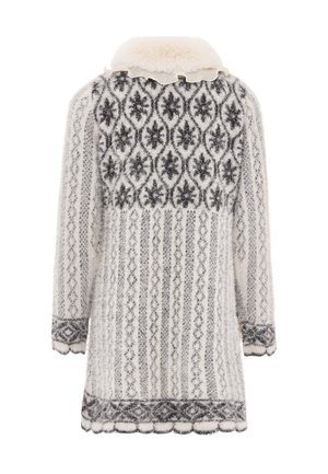 Weiß und grau gemusterter Strickmantel mit einem Kunstpelzkragen, langen Ärmeln und einem gewellten Saum mit filigranen Designs.