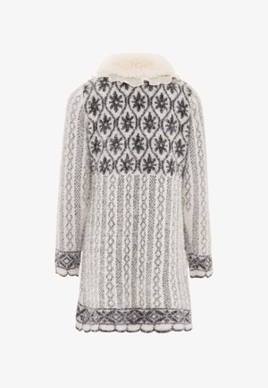 Cappotto a maglia bianco e grigio con motivo, dotato di colletto in pelliccia sintetica, maniche lunghe e orlo ondulato con design intricati.