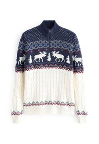 Pull en laine bleu marine et blanc avec une demi-fermeture éclair, présentant des motifs de rennes, de pins, de flocons de neige et des motifs géométriques.