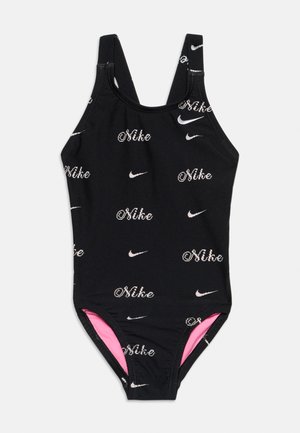 Maillot de bain une pièce noir avec doublure intérieure rose, présentant des logos Nike blancs répétés et un marquage en écriture sur tout le tissu.
