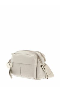 Sac bandoulière beige en tissu texturé. Comprend une fermeture éclair et une poche avant. Sangle réglable pour plus de confort.