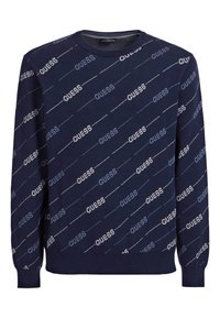 Suéter de punto azul marino con un logotipo "GUESS" repetido en diferentes tonos de azul y blanco, escote redondo y mangas largas.