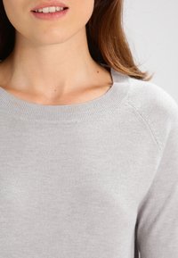 Femme portant un pull gris clair à col rond, visible des épaules aux lèvres, avec des cheveux châtains clairs et une expression faciale neutre.