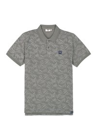 Poloshirt in gedempt groen met een bladenpatroon. Heeft een kraag, drie knopen en een klein logo op de linkerborst. Korte mouwen.