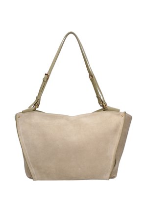 Borsa a tracolla in pelle beige con cinturini regolabili, cuciture sottili e dettagli in metallo tono oro, mostrata su sfondo bianco.