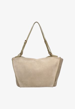 Borsa a tracolla in pelle beige con cinturini regolabili, cuciture sottili e dettagli in metallo tono oro, mostrata su sfondo bianco.
