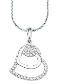 Collana con pendente a forma di cuore in argento, caratterizzata da due cuori intrecciati, decorata con pietre trasparenti e scintillanti. Viene fornita con una catena delicata.