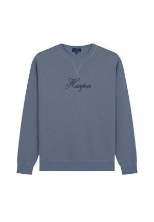 Felpa azzurra chiara con maniche lunghe, colletto rotondo e la scritta decorativa "Harper" in corsivo blu navy sul davanti. Tessuto di cotone morbido.