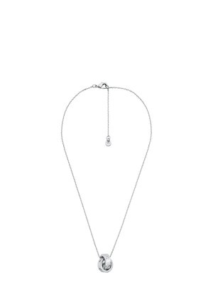 Silberne Halskette mit zwei ineinander verschlungenen glatten Ringen als Anhänger, einer mit kleinen eingearbeiteten Steinen und einem verstellbaren Verschluss.