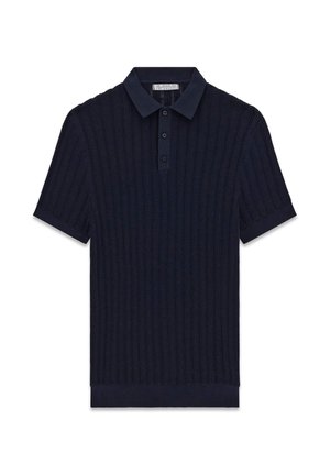 Tricou polo bleumarin cu mânecă scurtă, realizat din tricot, cu model texturat în formă de chevron, cu nasturi cu trei orificii, manșete și guler striați.