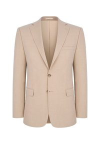 Beżowa blazerka o dopasowanym kroju, wykonana z tkaniny o fakturze. Jednorzędowy krój z dwoma guzikami, klapami w kształcie notched oraz kieszenią na piersi.