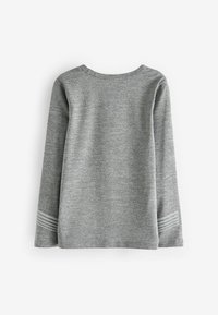 Grå langærmet sweater med et tekstureret strikmønster. Har en rund halsudskæring og tre lodrette accentstriber på hver ærme.