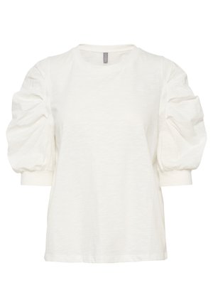 Witte t-shirt met pofmouwen en een ronde hals. Gemaakt van lichtgewicht materiaal met een zachte textuur. De zoom is aan de achterkant iets langer.