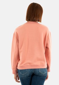 Persona con cabello castaño liso hasta los hombros, vistiendo un sudadera rosa holgada y jeans azules, de espaldas sobre un fondo blanco.