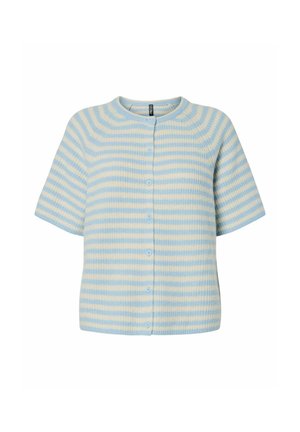 Short-sleeve button-up cardigan with light blue and cream horizontal stripes, ribbed texture, and round neckline.