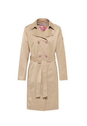 Beige trenchcoat met een dubbelzijdige voorkant, grote knopen, lange mouwen, een afneembare riem en een bloemenpatroon aan de binnenkant. Gladde stofstructuur.