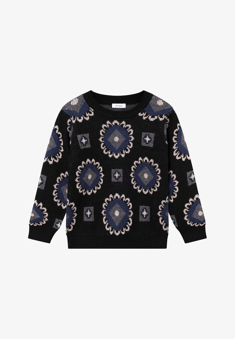 Black sweater featuring intricate patterns in blue, gray, and white, with a round neckline and ribbed cuffs. Textured knit fabric.