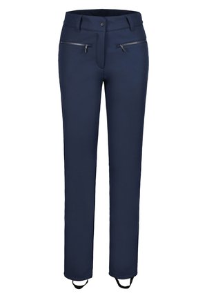 Marineblauwe rechte broek met voorzakken met rits, riemlussen, knoopsluiting en zwarte elastische voetbanden aan de zoom.