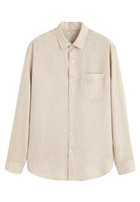 Chemise beige à manches longues en tissu léger, dotée d'un col à boutons, d'une poche avant et d'une finition légèrement texturée.