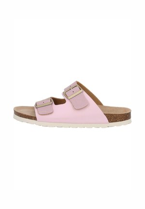 Infradito rosa con due cinturini regolabili, plantare in sughero e suola in gomma bianca. Parte superiore in tessuto liscio con fibbie metalliche.