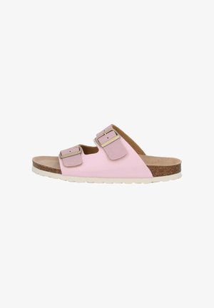 Infradito rosa con due cinturini regolabili, plantare in sughero e suola in gomma bianca. Parte superiore in tessuto liscio con fibbie metalliche.