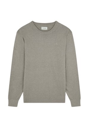 Pulover gri deschis dintr-un material moale, cu guler rotund și mâneci lungi cu manșete și tiv îndoite. Design simplu, fără motive.