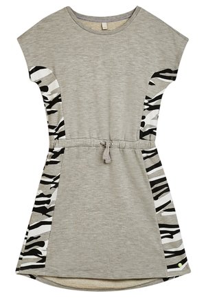 Robe grise claire à manches courtes avec des panneaux latéraux à imprimé zèbre noir, blanc et gris, et une taille ajustable à cordon.