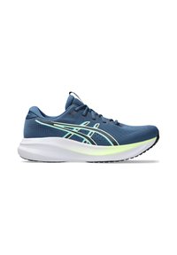 Blue athletic running shoe with light green accents, cushioned white sole, and breathable mesh upper, shown from the side.