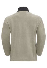 Light gray fleece pullover with a black collar, featuring long sleeves and side slits. Soft texture and casual design.