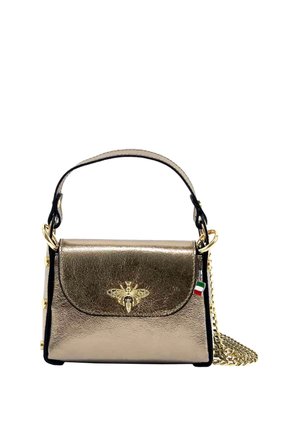 Small metallic gold handbag with top handle, gold bee emblem on flap, Italian flag tag, and a gold chain strap coiled beside it.