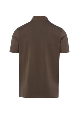 Braunes Poloshirt mit kurzen Ärmeln, dezenten vertikalen Streifen, geripptem Kragen und glattem Rücken, von hinten vor weißem Hintergrund gezeigt.