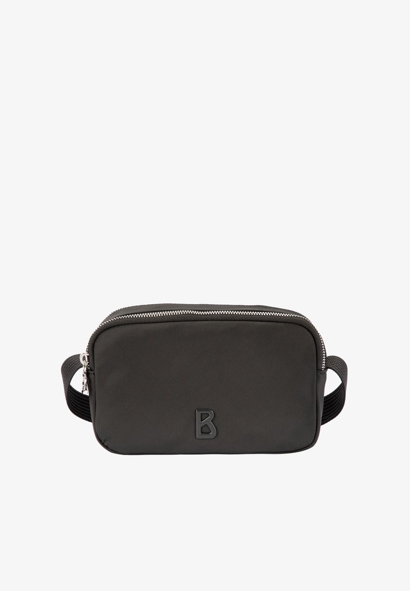 Czarna nylonowa torebka na ramię z zamkiem błyskawicznym, z teksturowaną powierzchnią i wypukłym logo. Posiada regulowany pasek dla wygody.