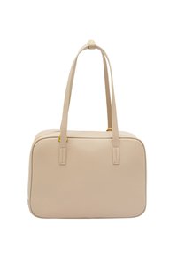 Beżowa skórzana torebka na ramię z dwoma górnymi uchwytami, prostokątny kształt, gładka faktura i złote akcenty metalowe. Zamek błyskawiczny na górze.