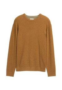 Suéter marrón de punto con mangas largas, cuello redondo acanalado y tejido texturizado. Presenta un interior del cuello de color azul claro en contraste.