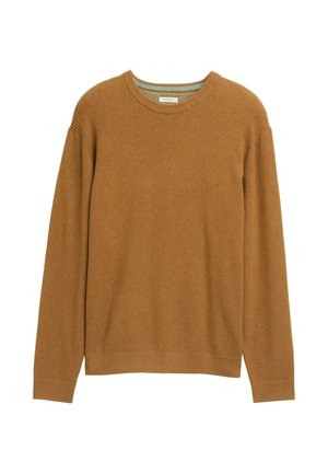 Brun strikket sweater med lange ærmer, ribbet rund hals og tekstureret stof. Har en kontrasterende lys blå indvendig krave.