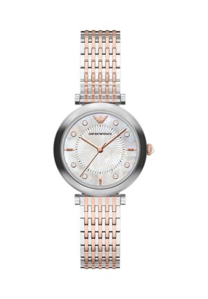 Runde Armbanduhr mit silbernem und roségoldenem Gliederarmband, weißem Perlmutt-Zifferblatt, roségoldenen Zeigern und Markern sowie Emporio Armani-Logo bei 12 Uhr.