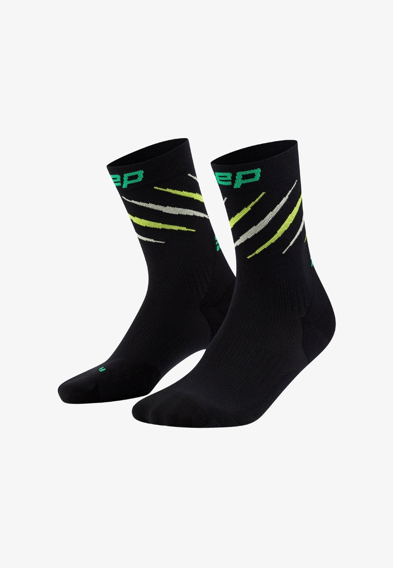 Schwarze sportsocken mit grünen und grauen diagonalen Streifen, verstärktem Fersen- und Zehenbereich und einer engen Passform. Logo an der Oberseite sichtbar.