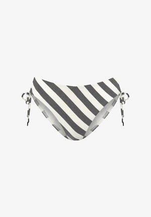 Pasek bikini w kolorze czarnym i białym, z regulowanymi trokami po bokach i gładką teksturą. Podkreśla cienkie poziome paski.