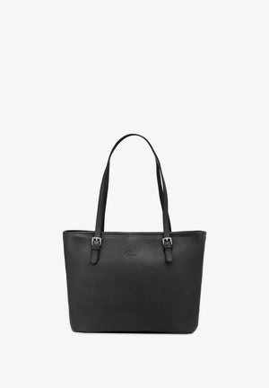 Black leather tote bag with a pebbled texture, featuring two adjustable flat handles and silver-tone hardware accents.
