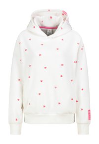 White hoodie with small scattered pink hearts, front pocket, ribbed cuffs and hem, and pink label on left sleeve cuff.